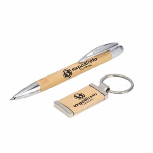 Kit Chaveiro E Caneta, Inox E Bambu – Bx.53881-Beg