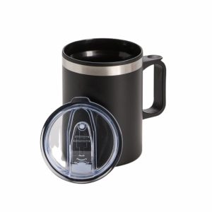 Caneca Plástica, 375 Ml, Tampa,  Revestimento Externo Em Inox – Bx.51091