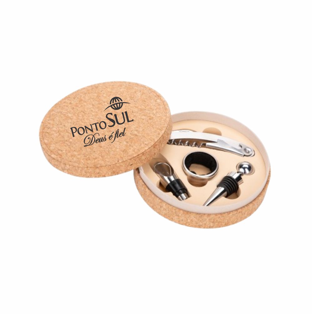 KIT VINHO, 4 PEÇAS, INOX, ESTOJO CORTIÇA